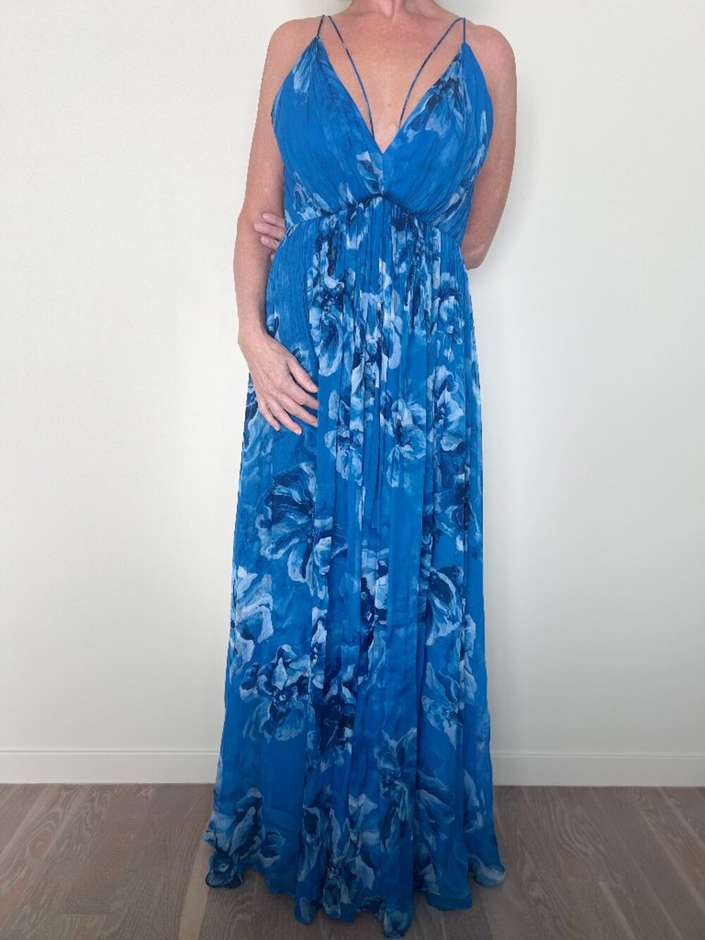 Halston Mindy blue floral sleeveless gown